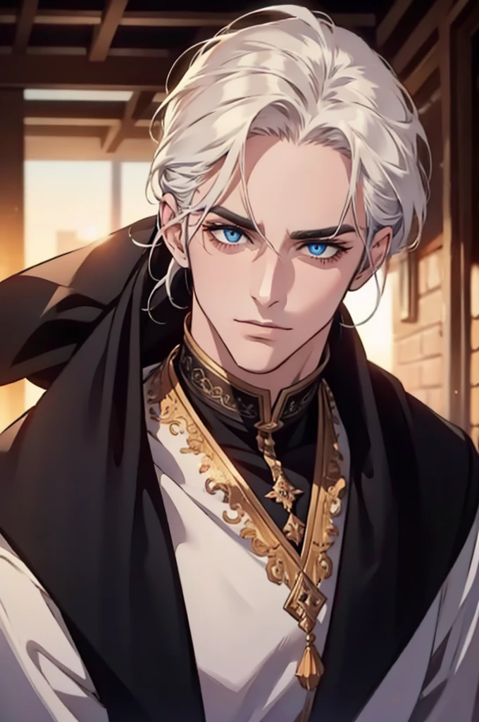 ((masterpiece:1.2, Best quality)), 4k, adult, European face, 1 person, male, , masculine, Beautiful, tall, dark casual wear, White skin, white hair, blue eyes s, portrait, sunset, man, adult man
