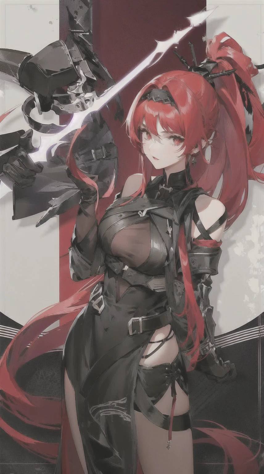 Beautiful girl with red hair and black outfit holding a sword