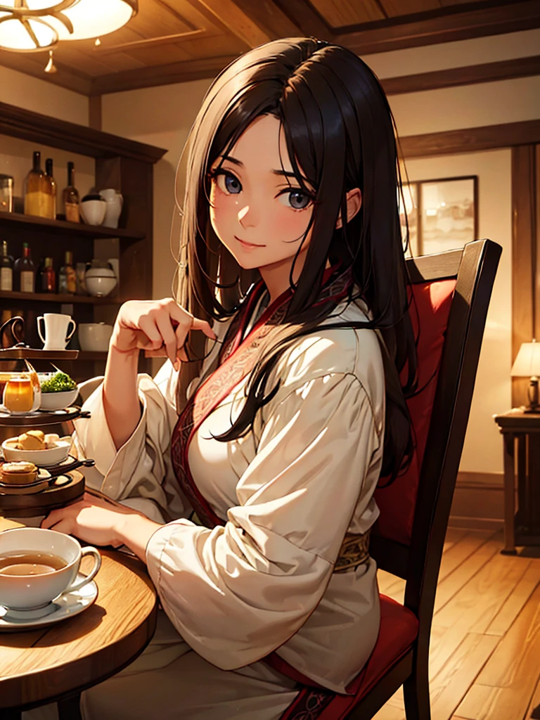 (​masterpiece、top-quality、hight resolution), In a cozy café, the scene is viewed from the perspective of someone having tea with a gentle and wealthy married woman. She has a calm and relaxed demeanor, clearly evident at first glance. She is dressed in simple but high-quality, expensive clothing. The woman looks softly at her companion, exuding warmth and kindness. On the table between them, there are light snacks and drinks. Both are seated in comfortable chairs, creating an intimate and relaxed atmosphere.