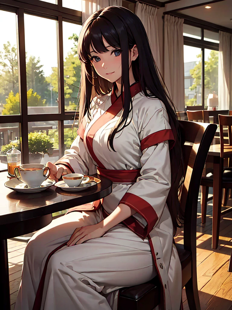 (​masterpiece、top-quality、hight resolution), In a cozy café, the scene is viewed from the perspective of someone having tea with a gentle and wealthy married woman. She has a calm and relaxed demeanor, clearly evident at first glance. She is dressed in simple but high-quality, expensive clothing. The woman looks softly at her companion, exuding warmth and kindness. On the table between them, there are light snacks and drinks. Both are seated in comfortable chairs, creating an intimate and relaxed atmosphere.
