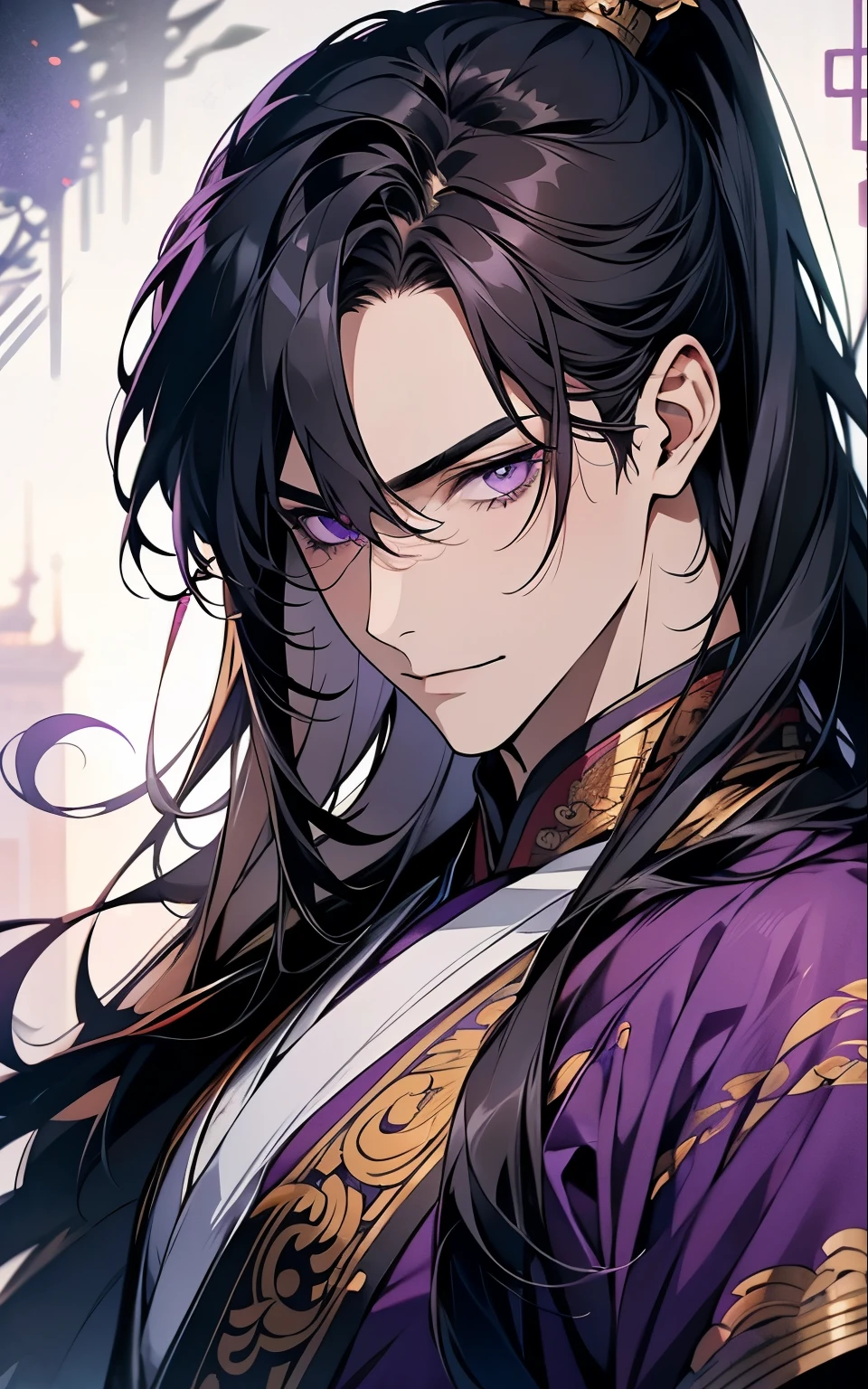1 middle-aged man, (45 years old), long black hair, violet eyes, chinese clothes, (!PURPLE! clothes), available at purple chinese room, portrait, happy