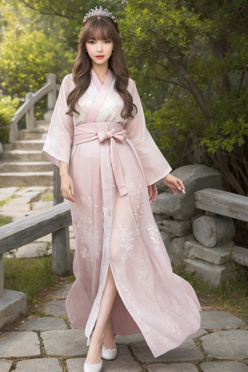 (Raw photo, Best Quality), (Realistic, Photorealistic:1:1), masterpiece, Extremely delicate and beautiful, Soft light, (Brown hair, long hair swaying in the wind, bangs), Beautiful detailed girl, (Detailed fingers), extremely detailed eye and face, beautiful detailed nose, Beautiful detailed eyes, 1 girl, korean, Neat and clean beauty, Cute, , pink hanfu, crown, (full body:1.3), Realistic face, Realistic body, Outdoors,