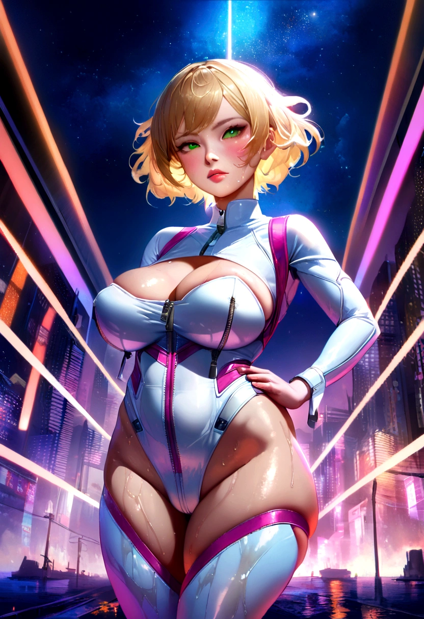 Shyla Styles as Spacepunk Girl,(((One girl))),((beautiful girl with cute blonde hair)), (Large Breasts:1.4),Saggy breasts,((Pink messy hair,Inner hair color, Ear breathing,complicated cut hair,((Tied short hair)))),(((green_eye:1.3))),complicated eye,beautiful detailed eye, symmetrical eye,((Fat)),(((Shiny skin:1.5,Light Skin: 1.5,Sunburned skin,Shiny skin,very Shiny skin,Shiny body,Plastic Glitter Skin,exaggerated Shiny skin,Glowing Skin,Wet legs))),(Spider&#39;s underbelly,Tight waist,Wide Hips,An athletic body,Swollen legs, Thick thighs,Detailed body,(Detailed face)), cute,Lewd,Fascinating,erotic,(((Browsing Caution))), zettai ryouiki,Revealing clothing,Show some skin,((Underbust:1.5)),(Cleavage),(Half naked,Fewer clothes),((Extremely small micro thong:1.3)),(Visible ties:1.3),((Pants Straps)),(((Tiny futuristic white spandex suit,Long sleeve, Zipper Crop Suit, Zipper slightly open))),((Heavy boots up to the knee, White boots)),((Micro Superhero Suit,Military Patches)),(((White clothes, White clothes, Wet clothes,complicated outfit,complicated clothes))), (Dynamic pose:1.0),Focus Only,Embarrassing,(Centered,Scale to fit dimensions,Three-part method), Cyberpunk city by the sea at night, Bright neon sign and dark storm clouds and puddles, scenery:1.25,at night, Starry Night, universe,A very dark night with neon lights, Very bright neon lights,at night, Starry Night, universe, Artistic photography,(Photography by sldr),High resolution, Sharp focus,(Super detailed, Very detailed), (Photorealistic artwork:1.37),(Very detailed CG unity 8k wallpaper),((Synthwave Background Theme)),(((Vibrant colors))),complicated,(complicated background),(masterpiece),(Highest quality),perfectly rendered face,Perfect facial details,Realistic Face,Photo Real,Analog Style,((complicated detail)),(((realism))),
