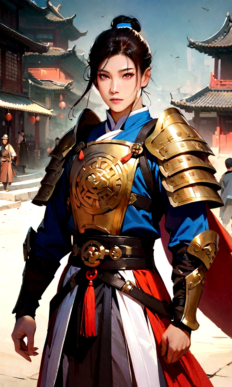 25 year old Chinese man,middle aged man,realistic,chinese_Armor,alone,Background of ancient chinese cities,detailed_eye,shoulder_Armor,(검은 eye),looking at viewer,(masterpiece:1.2), (best quality:1.2), perfect eye, perfect face, perfect lighting, (8K),(complete anatomy), Nee Shot