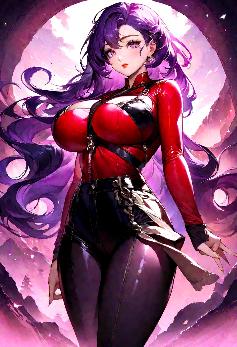 Create a digital artwork of a voluptuous female character with massive breasts in an anime-inspired style. The character should have long, flowing purple hair and large, expressive purple eyes. She should be wearing a revealing red crop top and some black leggins that accentuates her curves. The art style should be a blend of anime and semi-realism, with: Smooth, detailed shading: Use gradients to create depth and volume in the character's form. Sharp, precise line work: Clean lines to define the character's features and outfit. Realistic lighting effects: Emphasize the reflective quality of the whole outfit with highlights and glossy reflections. Soft, ambient background: Set the scene in a living room, the character standing in front of a tv, blocking the view and zoom in on the character so it takes up almost all of the picture. The background should have a soft, romantic glow with bokeh effects to enhance the dreamy atmosphere. Color vibrancy: Use rich, vibrant colors for the character and background to make the image pop. Ensure the character's expression is giving a seductive and confident look. The overall mood should be bold and captivating, with a high level of detail and polish in the final artwork