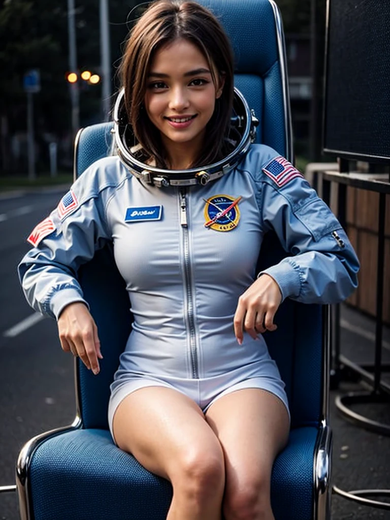 (smile)、(((Staring at the audience)))、((Spaceman in space suit sitting in spaceship cockpit)),wear spacesuits, Dressed in an astronaut costume, Cute girl in a tank top, girl in space, In space, (((Dressed in an astronaut costume))), woman astronaut, ((Sitting on a chair with legs spread))、((Sexy young woman's body:1.4))、Open and stretch your legs、