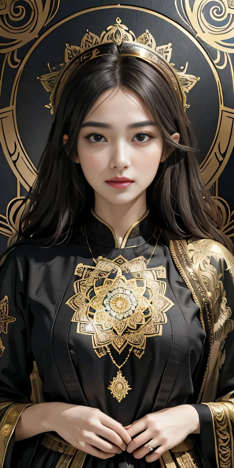 (masterpiece, Highest quality, Highest quality, Official Art, beautiful and aesthetic:1.2), (One girl), Very detailed,colorful,Most detailed, Official Art, unity 8k wallpaper, Super detailed, beautiful and aesthetic, beautiful, masterpiece, Highest quality, (zenTangle, Mandala, Tangle, enTangle) ,Holy Light,Gold foil,Gold leaf art,Sparkly Painting, Perfect NwsjMajic