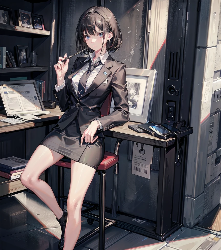 RAW photo, extremely delicate and beautiful, masterpiece, Best Quality, ultra high resolution, 16k, photorealistic, ultra detailed description, pale skin, in her 20s, whole body, medium tits, medium hair, black hair, tearful mole, earring, business suit, blazer, pencil skirt, collarbone, shirt, tie,