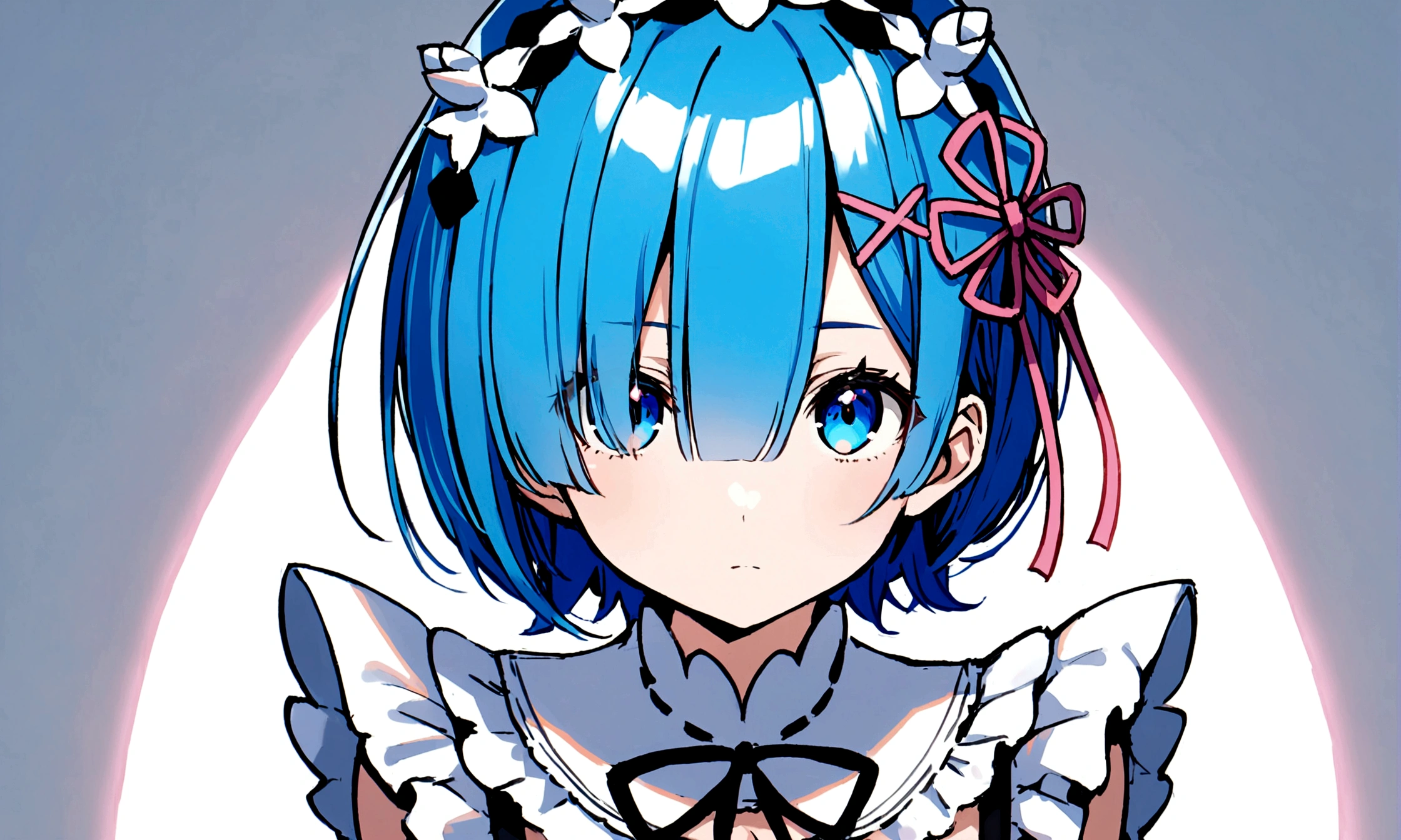 1girl, bangs, black ribbon, blue eyes, blue hair, bow, breasts, cleavage, closed mouth, detached sleeves, dress, frills, hair between eyes, hair ornament, hair ribbon, looking at viewer, maid, maid headdress, medium breasts, neck ribbon, pink ribbon, rem \(re:zero\), ribbon, roswaal mansion maid uniform, short hair, solo, upper body, x hair ornament