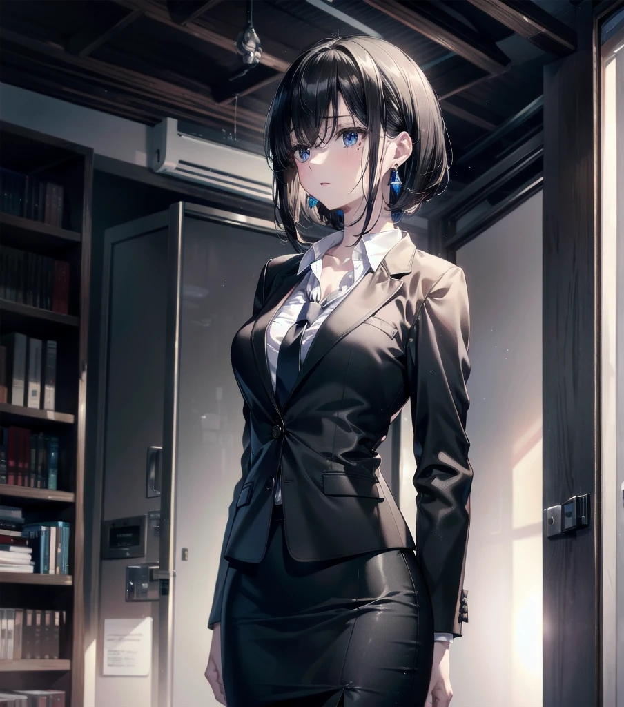 RAW photo, extremely delicate and beautiful, masterpiece, Best Quality, ultra high resolution, 16k, photorealistic, ultra detailed description, pale skin, in her 20s, whole body, medium tits, medium hair, black hair, tearful mole, earring, business suit, blazer, pencil skirt, collarbone, shirt, tie,