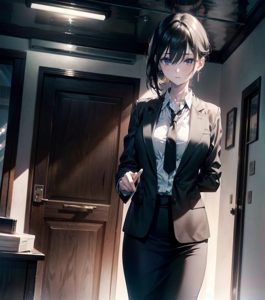 RAW photo, extremely delicate and beautiful, masterpiece, Best Quality, ultra high resolution, 16k, photorealistic, ultra detailed description, pale skin, in her 20s, whole body, medium tits, medium hair, black hair, tearful mole, earring, business suit, blazer, pencil skirt, collarbone, shirt, tie,