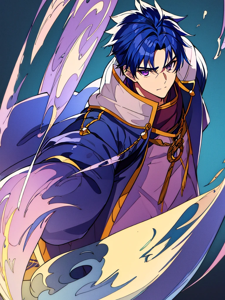 MALE Character, Boy, Blue Hair, Purple Eyes, Wizard outfit, Warrior clothes, Isekai World Background