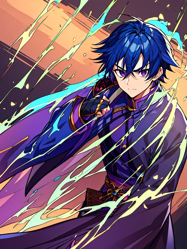 MALE Character, Boy, Blue Hair, Purple Eyes, Wizard outfit, Warrior clothes, Isekai World Background