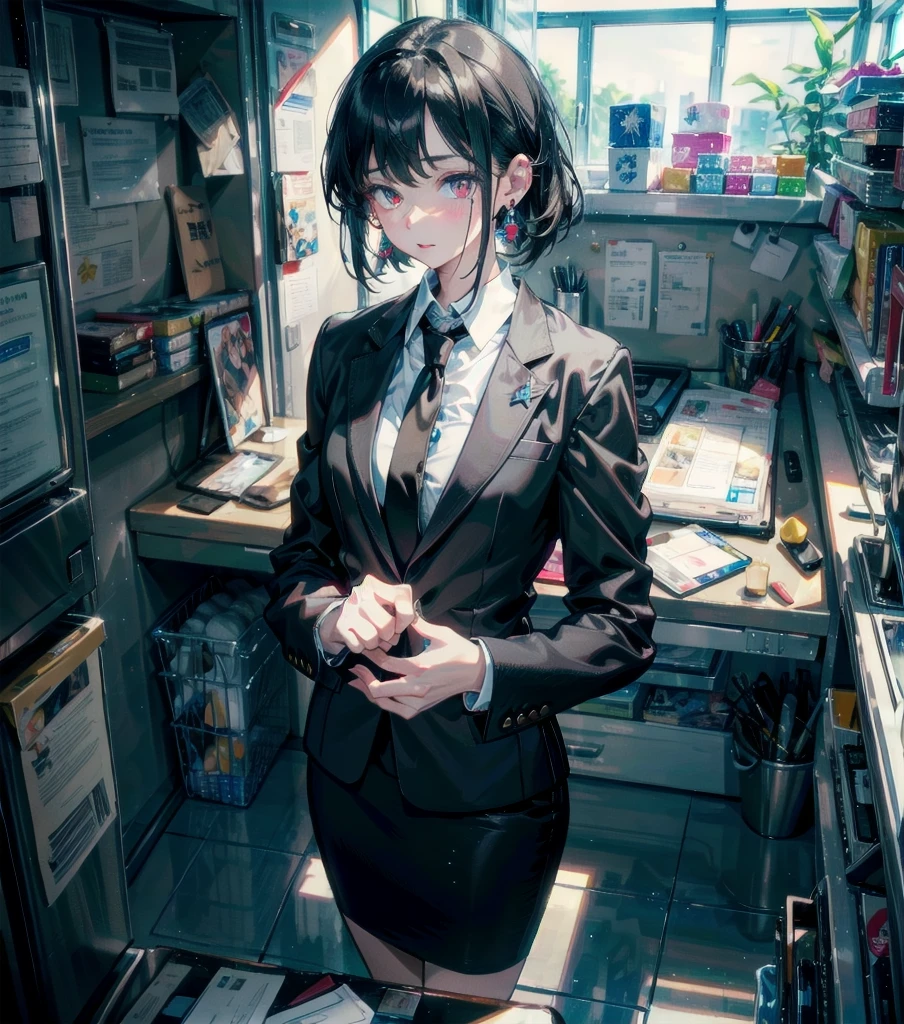 RAW photo, extremely delicate and beautiful, masterpiece, Best Quality, ultra high resolution, 16k, photorealistic, ultra detailed description, pale skin, in her 20s, whole body, medium tits, medium hair, black hair, tearful mole, earring, business suit, blazer, pencil skirt, collarbone, shirt, tie,