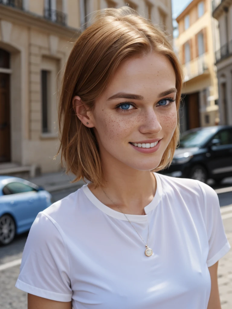 1 swedish girl, cheap phone camera quality, solo, southern belle, [Keira Knightley:0.8], dark strawberry blonde ((short)) hair, freckles, blue eyes, (Swedish face, swedish body), 25 years old, BREAK, , dynamic , smile, ((background: busy street)), BREAK, (((Infinite focus))) 88mm, 4K, sport,  france, 