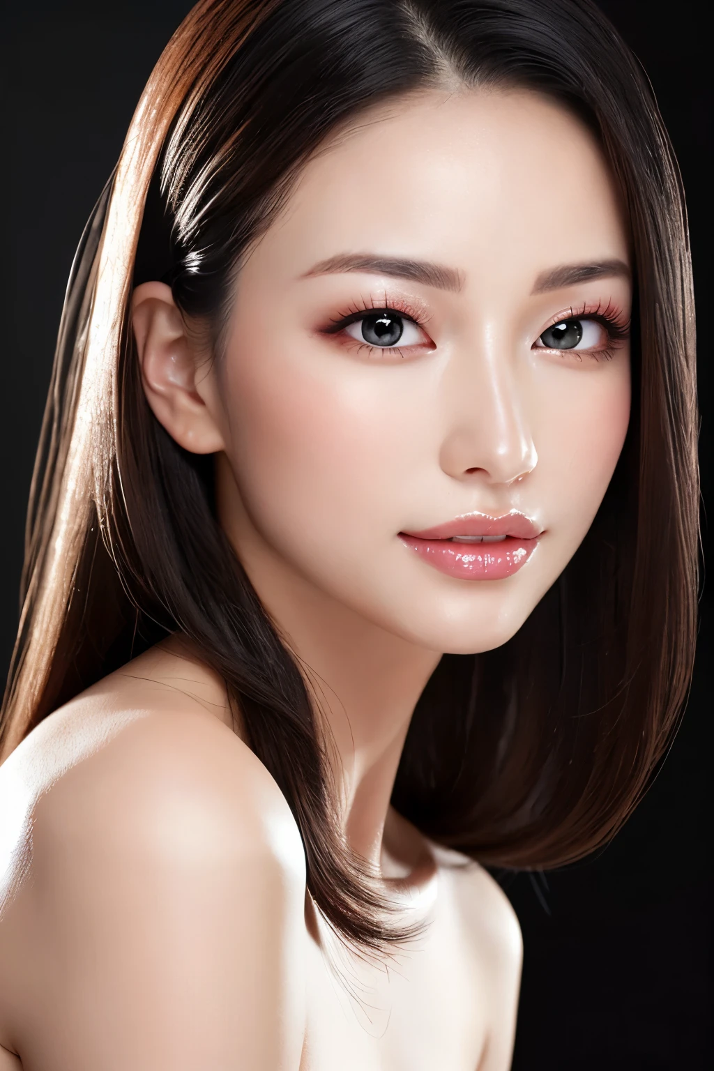 (Highest quality、Tabletop、8K、Best image quality、Award-winning works)、Cute beauty、(nude:1.3)、(The simplest pure black background:1.5)、(Face close-up:1.6)、Accentuate your body lines、Beautiful and exquisite、(look straight at me:1.1)、(stand upright facing forward:1.1)、Ultra-high definition beauty face、Ultra HD Hair、Ultra HD Shining Eyes、super high quality, Glossy Lip、Bright beautiful lipstick、Accurate anatomy、Very beautiful skin、Ultra high resolution and beautiful, Glowing Skin、Ultra-high resolution beautiful teeth、An elegant upright posture when viewed from the front、(Sweaty skin:1.1)、(Damp Hair:1.1)、Moisturized Skin、Beautiful perfect cheeks