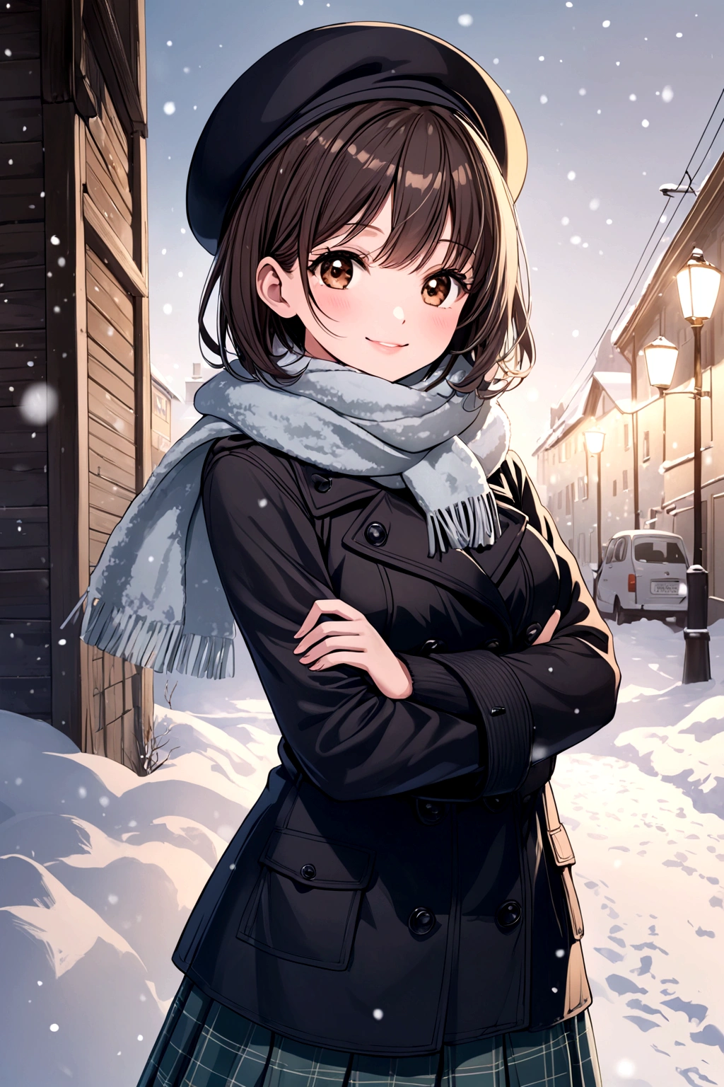 solo girl, 20 years old,medium hair, dark brown hair, brown eyes, medium breast, happy,pea coat,beret,fluffy scarf,maxi skirt ,outdoors, winter,snow, Best Quality, High resolution, Extremely detailed, Detailed background, Perfect Lighting