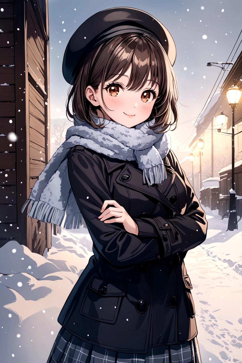 solo girl, 20 years old,medium hair, dark brown hair, brown eyes, medium breast, happy,pea coat,beret,fluffy scarf,maxi skirt ,outdoors, winter,snow, Best Quality, High resolution, Extremely detailed, Detailed background, Perfect Lighting