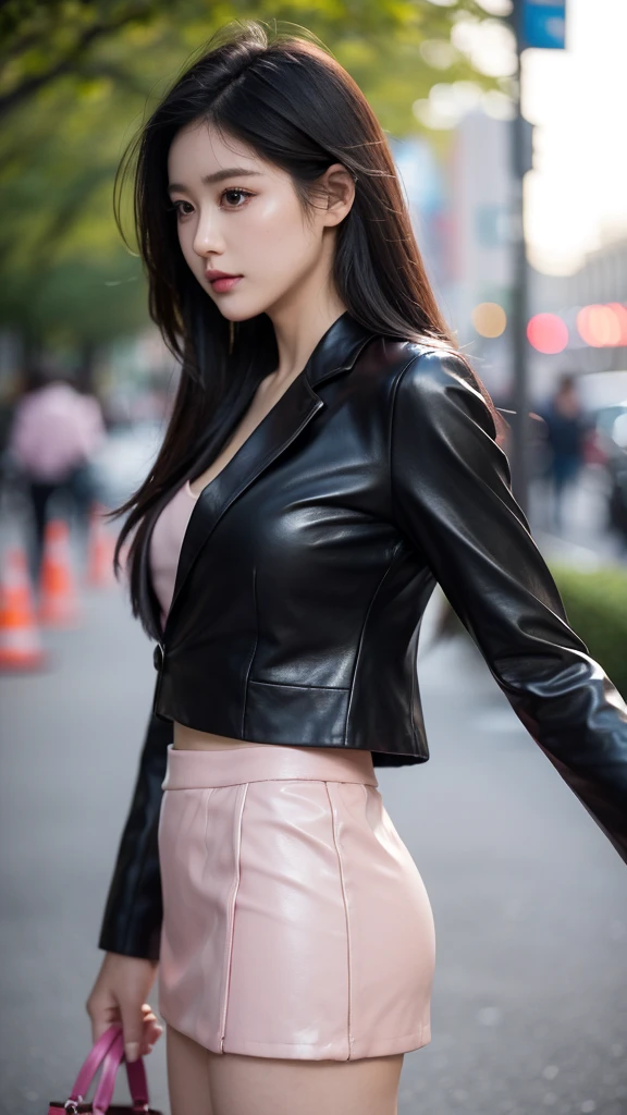 girl, pretty face, long black hairstyle ,eyelashes, nose, glossy lips,wearing Tight suit、Wearing a blazer(Leather pink color)、Tight short Skirt(Leather pink color)、Realistic silk texture,Slim fit , in the city, nature light, bokeh background,