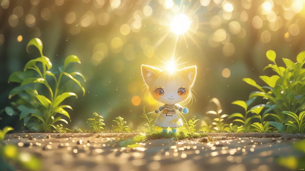 (La best quality,high resolution,Ultra Detailed,Practical),Old abandoned robot，covered in plants，The sun shines on me（ （（sunrise））），Light warm color（ （（A masterpiece full of sunshine elements）））， （（best quality））， （（Intricate details））（8k）