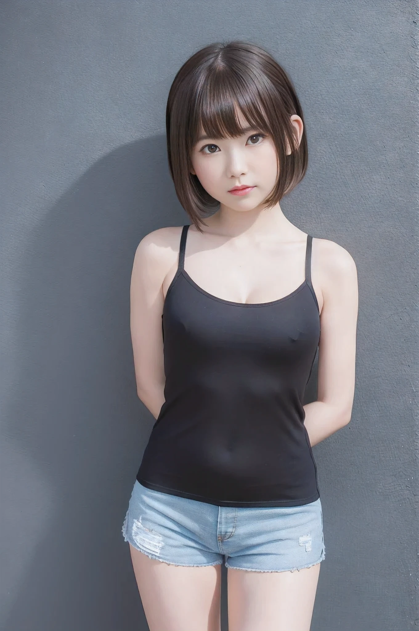 Picture taken from the front, with the left and right sides equally spaced, draw symmetrically, simple background, equally spaced left and right, stand upright, cowboy shot, (arms behind back:1.5), One girl, very short hair, (camisole, shorts)