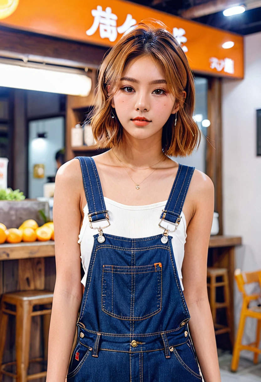 20-year-old woman、Height: 150cm、Brown Eyes、Her hairstyle is a short orange-brown one.、Dark blue overalls、White tank top