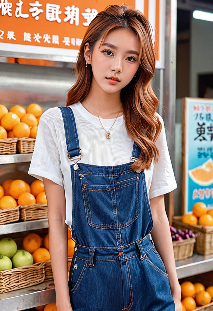 20-year-old woman、Height: 150cm、Brown Eyes、Her hairstyle is a short orange-brown one.、Dark blue overalls、White tank top