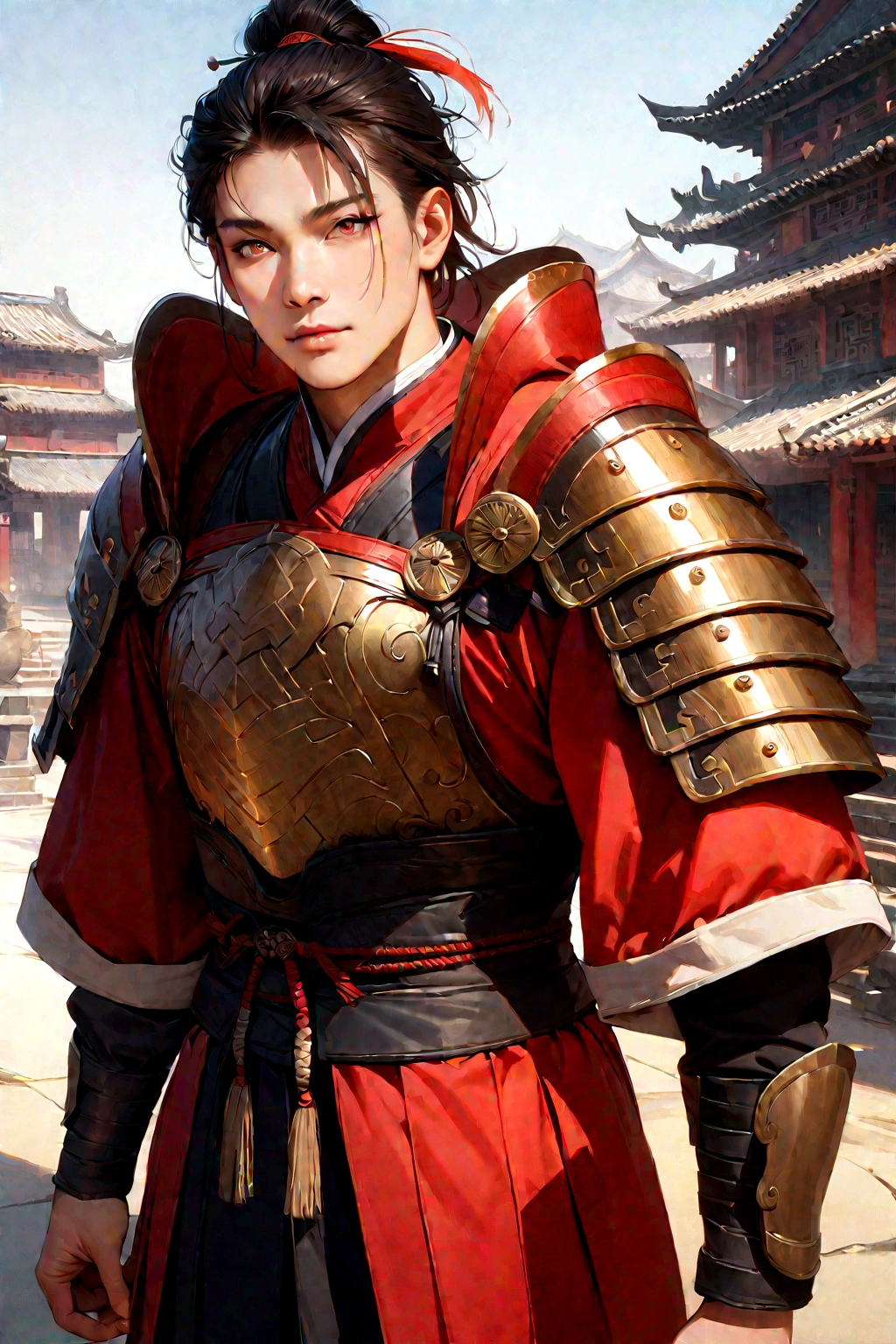 25 year old Chinese man,middle aged man,realistic,chinese_Armor,alone,Background of ancient chinese cities,detailed_eye,shoulder_Armor,(검은 eye),looking at viewer,(masterpiece:1.2), (best quality:1.2), perfect eye, perfect face, perfect lighting, (8K),(complete anatomy), Nee Shot