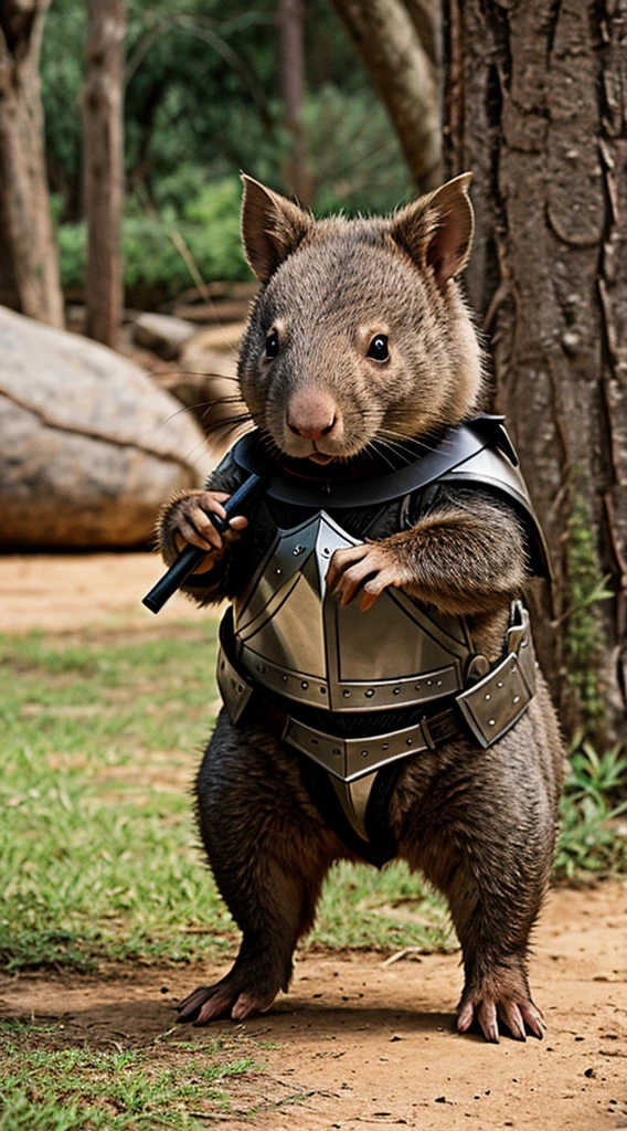 combat wombat cute wombat animal character in a knight armor
