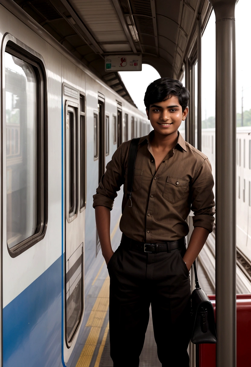 a  Indian bihari boy, short black hair, wearing Edge Square Brown Shirt & pant, he stand in Indian train, looking outside of train , cute smile, a bag on his black, ray tracing, backlighting, modern, 1080P, HD, 4K, 8k, 16k, high quality, best quality, highres