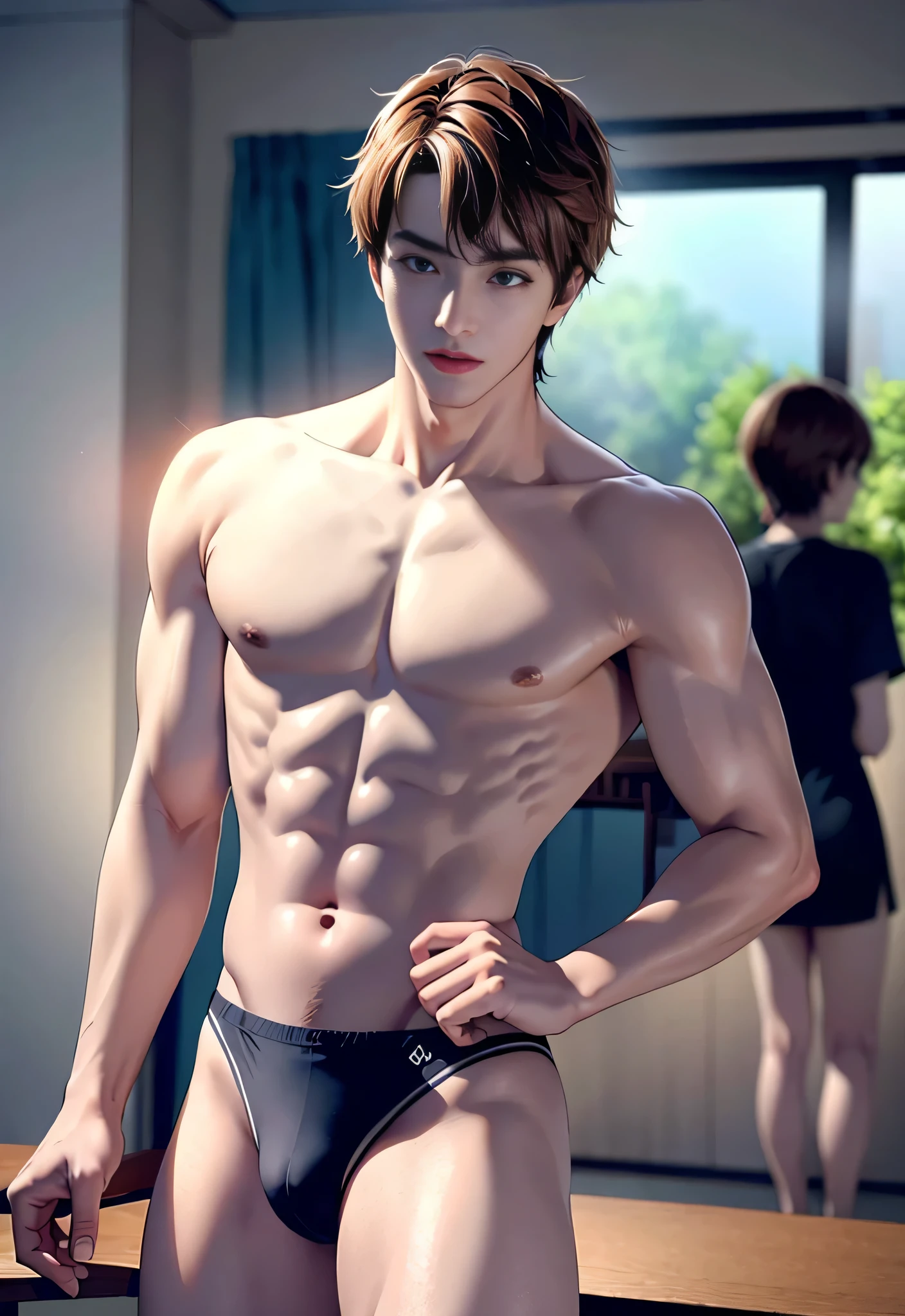 (8K， RAW Photos， Highest quality， masterpiece：1.2)、(Realistically， Photo Real：1.4)、Awareness-raising、High resolution、hexagon、(One boy)、solo、Brown Hair、Short Hair、Gorgeous、 Glowing Skin、(Oval Face：1.1)、Professional Lighting、Photon Mapping、Radio City、Physically Based Rendering、good looking、y masculinity、black thong、muscle、thong only、Nakole body、Huge bulge、Sexy pos