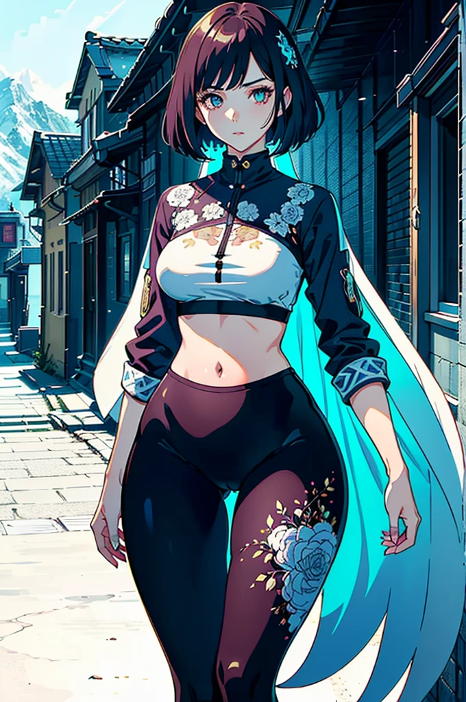 gorgeous girl, wide hips, narrow waist, medium breast, pretty face, glowing perfect skin, wearing letex leggings and white crop top, background of a intricately detailed aesthetic street that goes to a mountain, modern buildings in background, ultra high quality, intricately detailed, super detailed anime illustration, masterpiece, vibrant, complex detail, ghibili studio,