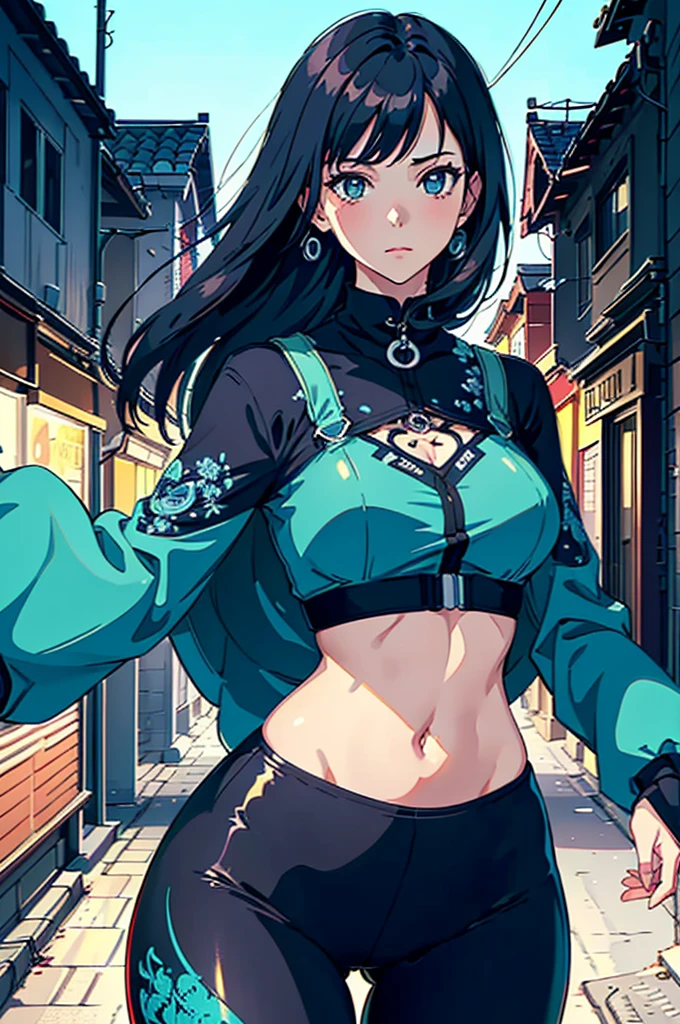 gorgeous girl, wide hips, narrow waist, medium breast, pretty face, glowing perfect skin, wearing letex leggings and white crop top, background of a intricately detailed aesthetic street that goes to a mountain, modern buildings in background, ultra high quality, intricately detailed, super detailed anime illustration, masterpiece, vibrant, complex detail, ghibili studio,