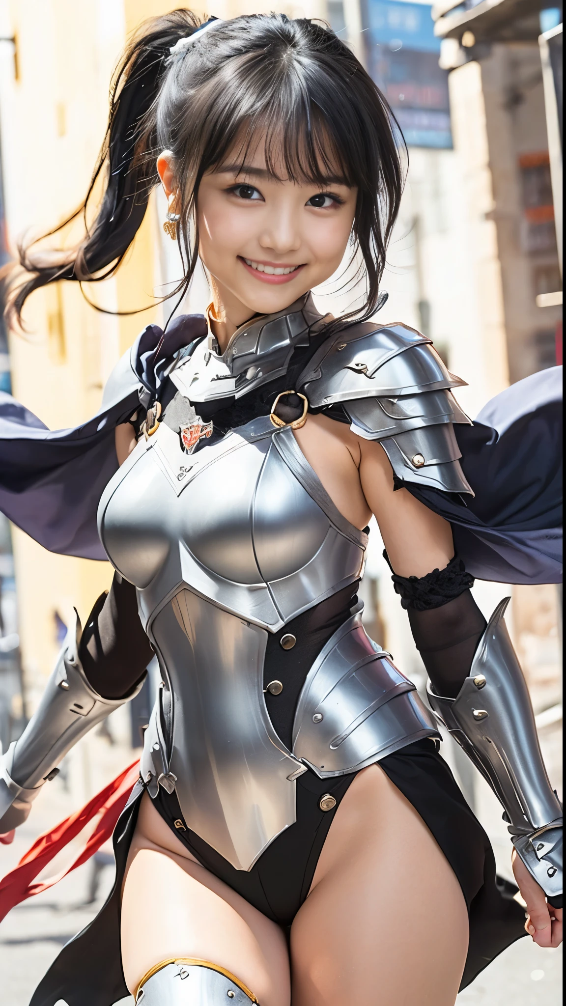 (8K、Raw photography、Highest quality、masterpiece:1.2),(Black Hair、Dark Eyes:1.9),(armor、Woman warrior:1.4)、View your viewers,Front view,White skin,(ponytail:1.3)、(Tight waist:1.6)、(Clothes that accentuate the shape of the breasts:1.0)、(Big Breasts :1.3)、Slim figure、Ultra-high resolution,beautiful,beautiful fece,(One person、No background:1.9),whole bodyボディー,Japanese women,(reality的:1.37)、Photon Mapping,reality、(Baby-faced and cute: 1.2)、(Cute Smile: 1.8)、(Round face: 1.8)、Radio City、Physically Based Rendering、Depth of field rally background、photograph, (I can see your knees、Thigh close-up:1.8),(:1.6),whole body、Great quality