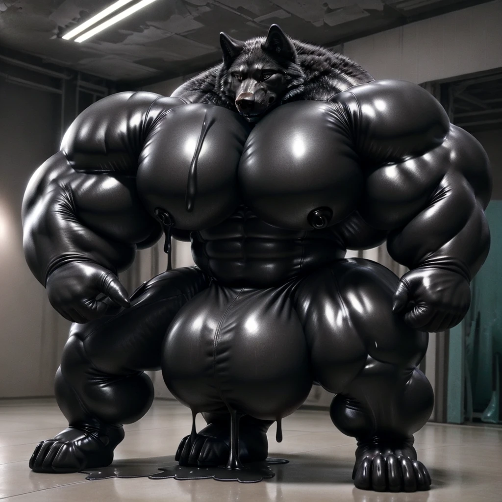 solo, male, , , , (hyper pecs:1.3), (long thick thighs:1.5), standing, indoor,,(,,(,solo,very hyper muscles:1.3)((, Huge bulge:1.8)))()), black glowing liquid,(((liquid_latex, , rubber:1.2),,black latex,goo transformation,(gooey)()(l),unreal engine,perfect light,detailed, photorealistic, 4k, hd, , , , good anatomy, , (), ,, high quality, best quality, concept art, photorealistic,wolf