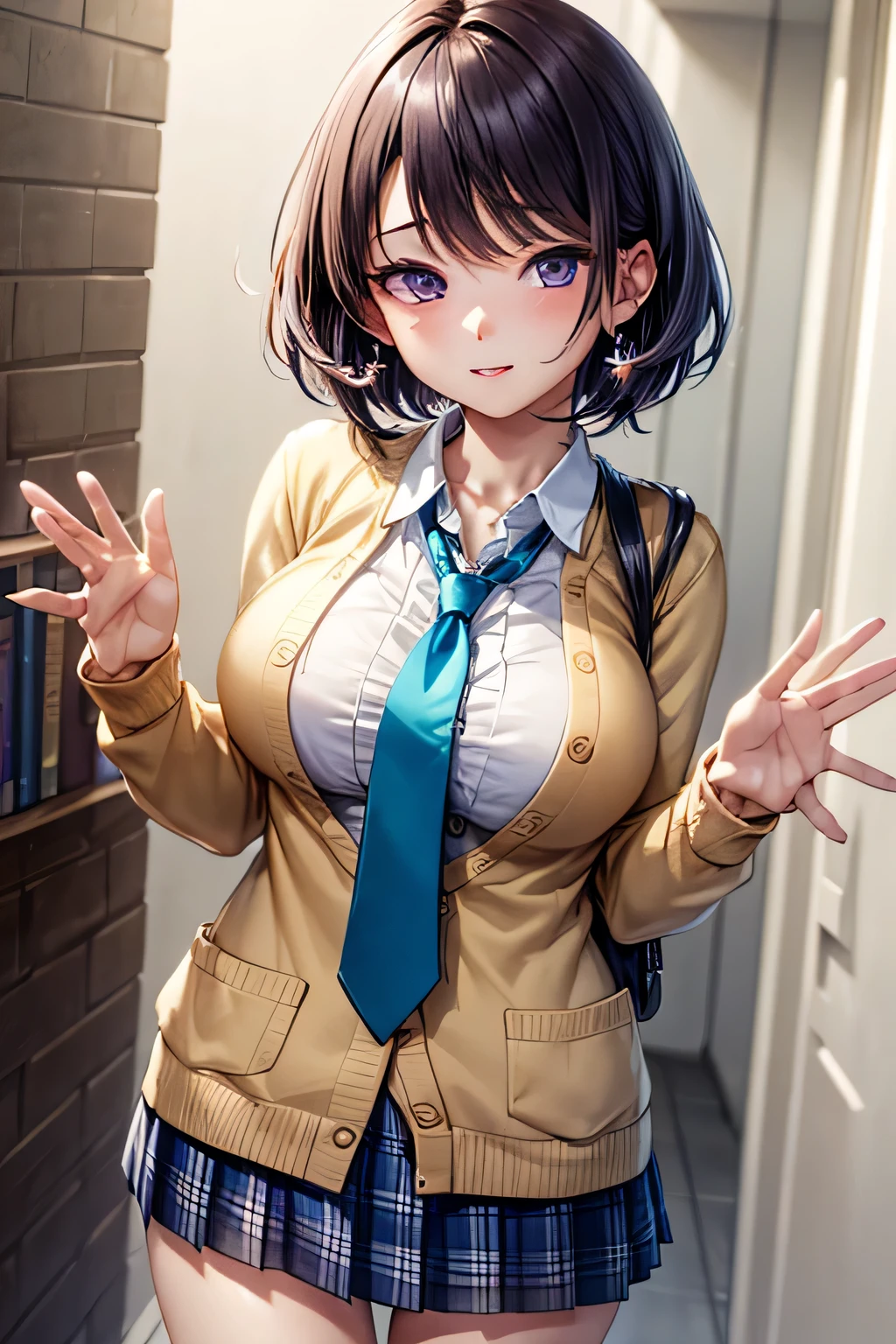 (Very detailed CG Unity 8K wallpaper),(masterpiece), (Highest quality), (Very detailed), (Best illustrations),(Best Shadow), Large Breasts,,Purple eyes and purple very short hair,,White blouse,Blue tie,Checked mini skirt（Showing panties）,beige cardigan,Dynamic Angle