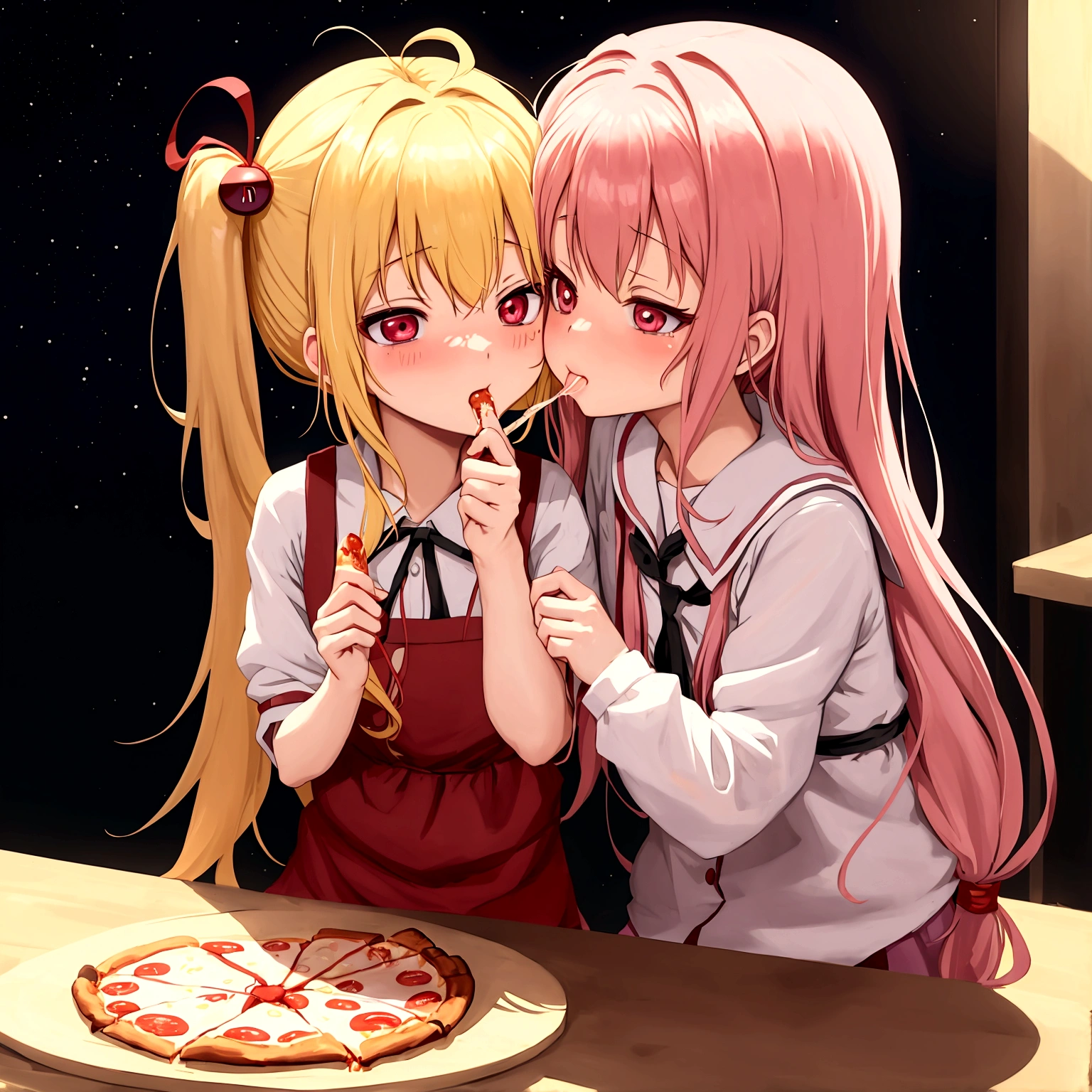 anime girl eating pizza with another girl in the background, ecchi anime style, sharing a pizza, yuruyuri, zerochan, gapmoe yandere, in anime style, red - cheeks!!, shoujo manga, close up iwakura lain, by Jin Homura, kissing together cutely, yandere, ecchi style, kinmoza!