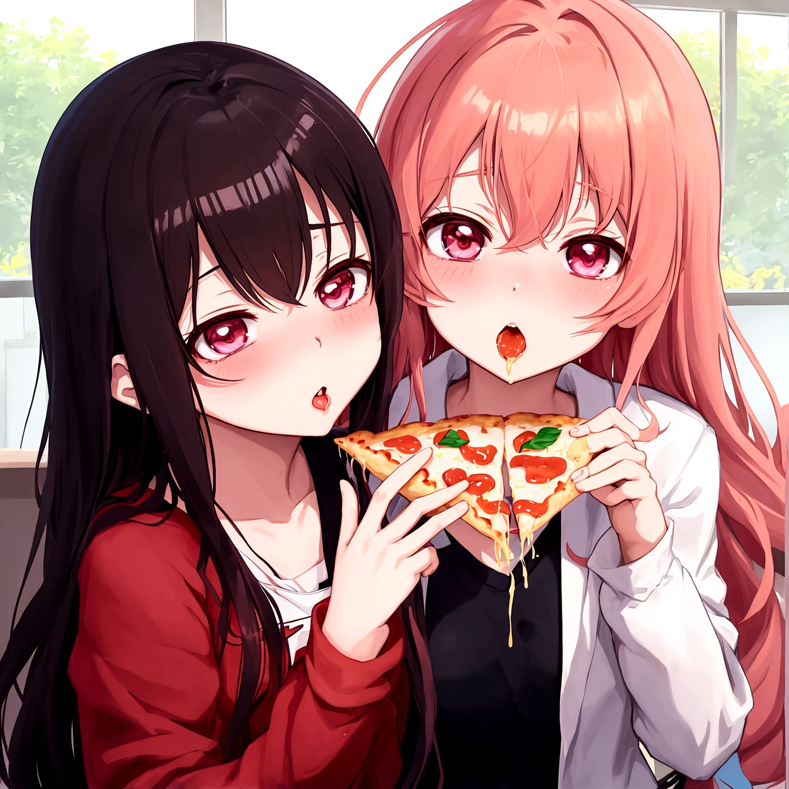 anime girl eating pizza with another girl in the background, ecchi anime style, sharing a pizza, yuruyuri, zerochan, gapmoe yandere, in anime style, red - cheeks!!, shoujo manga, close up iwakura lain, by Jin Homura, kissing together cutely, yandere, ecchi style, kinmoza!