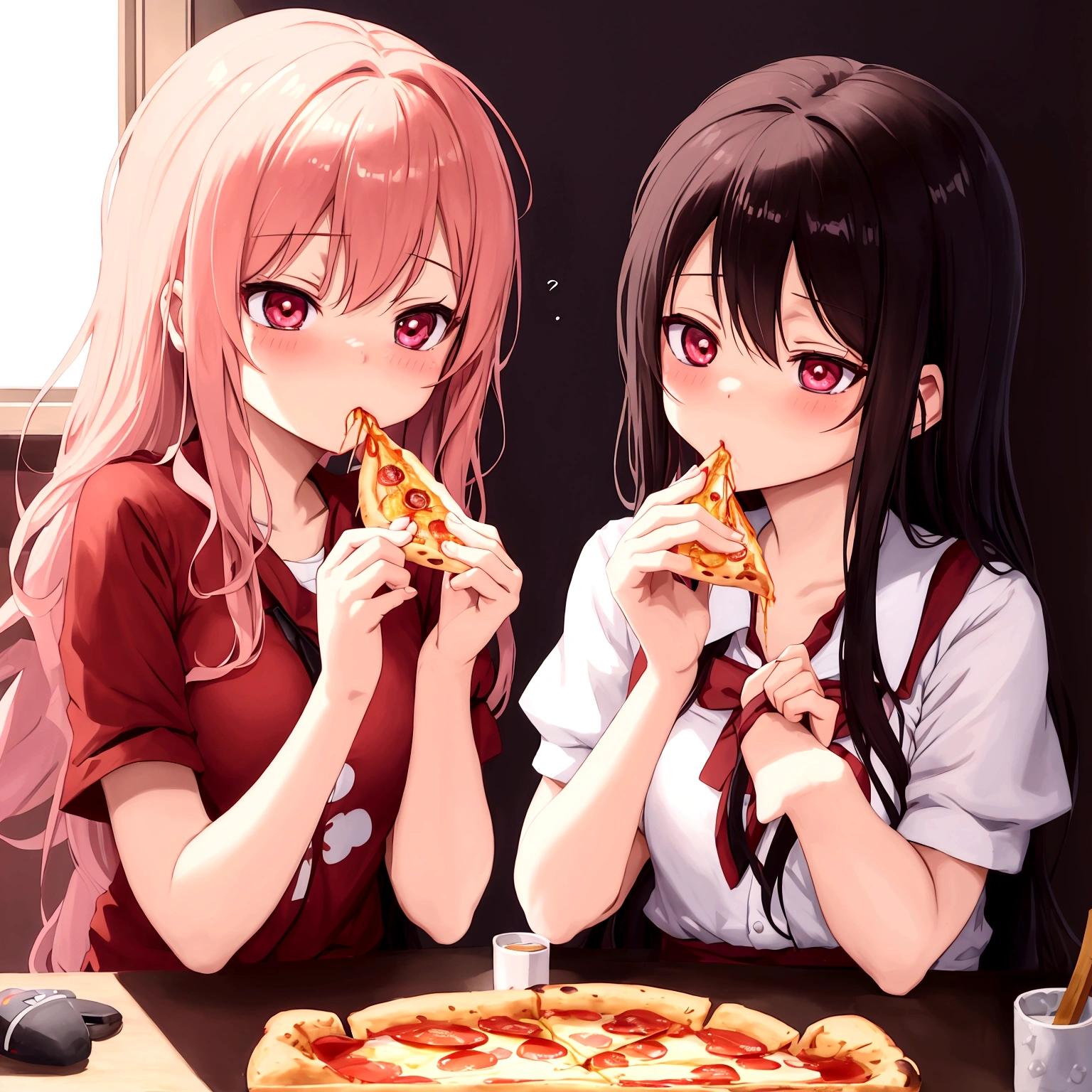 anime girl eating pizza with another girl in the background, ecchi anime style, sharing a pizza, yuruyuri, zerochan, gapmoe yandere, in anime style, red - cheeks!!, shoujo manga, close up iwakura lain, by Jin Homura, kissing together cutely, yandere, ecchi style, kinmoza!