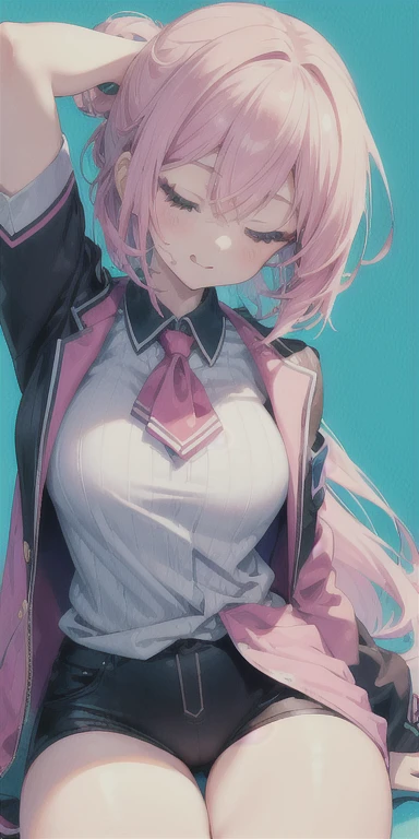 ((best quality)), ((Main Part)), (strong), Anime style, Best quality 1girl, portrait, Ultra Detailed, Pretty face, Perfect anatomical structure, Solitary, Pale skin, Pink green hair, Perfect hair, stripe, ((With eyes closed)), Sticking out tongue, Sticking out tongue, (😝), shirt, suit, arms, Place your hands on your chest, Thick Legs, Big thighs, have, Blue Background, Fortnite,
    information