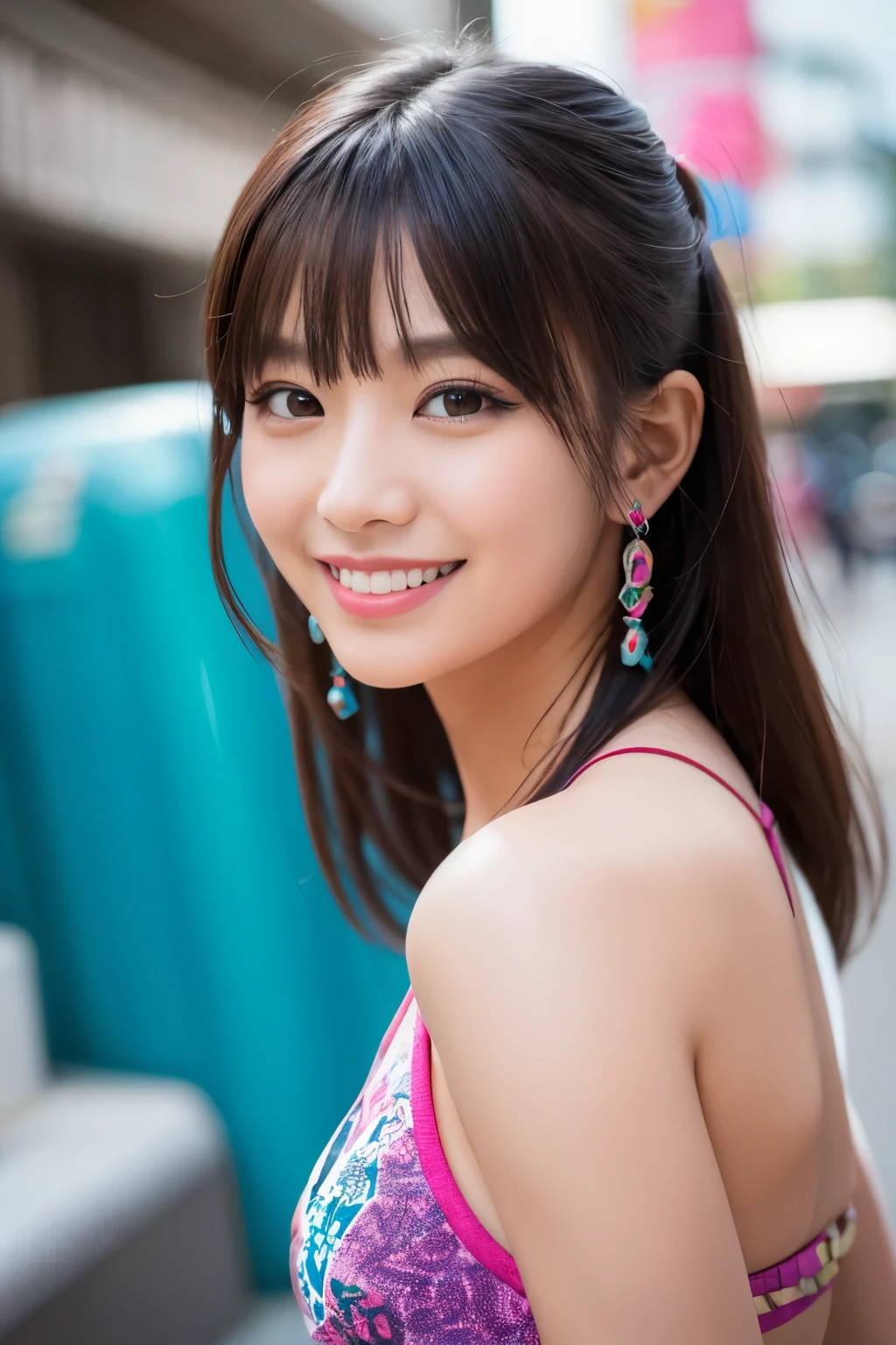 high quality, High resolution, masterpiece, completion, detailed.impressive, Cutting-edge female photography portraits, Showcasing a bold and daring street-art style. Facing forward、beautiful woman、smile、smile、looks fun、cyan, and purple, Her vibrant makeup really catches the eye.,  Blue and pink hues in harmony. 背景には蛍光クロムイエローand purpleの魅惑的なグラデーションが施されています, Blends seamlessly with the dynamic colors of your subject. This powerful combination of hyper-detailed realism and artistic expression creates a vivid,