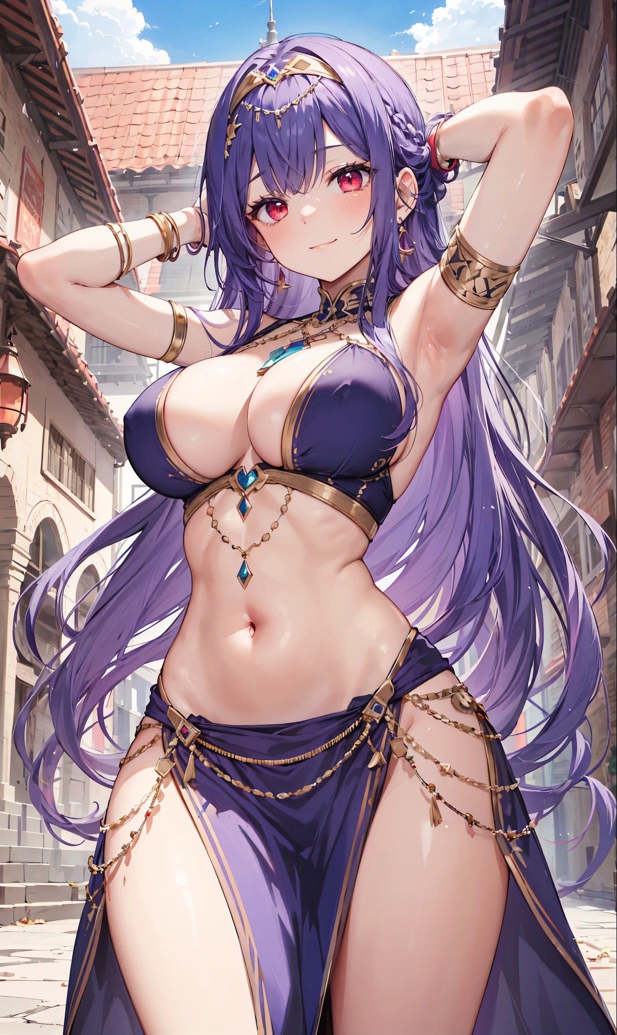 high quality, ultra detailed, best quality, insanely detailed, beautiful, masterpiece, 1girl, medieval plaza, cowboy shot, red eyes, long hair, purple hair, belly dancer, circlet, earrings, armlets, bracelets, bashful smile, large breasts, cleavage, soft stomach