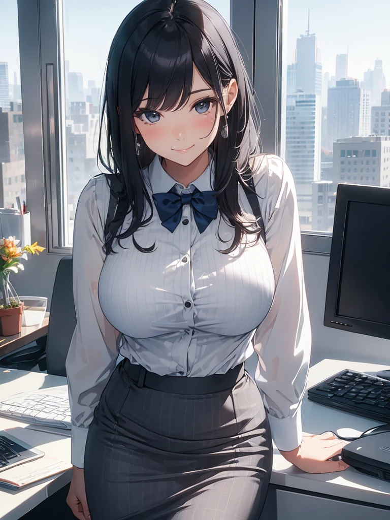 1lady standing, office worker, receptionist, (vest with white and gray checks:1.2) (navy pencil skirt) bowtie, mature female, /(black hair/) bangs, blush kind smile, (masterpiece best quality:1.2) delicate illustration ultra-detailed, large breasts BREAK (modern office indoors), window cityscape, detailed background