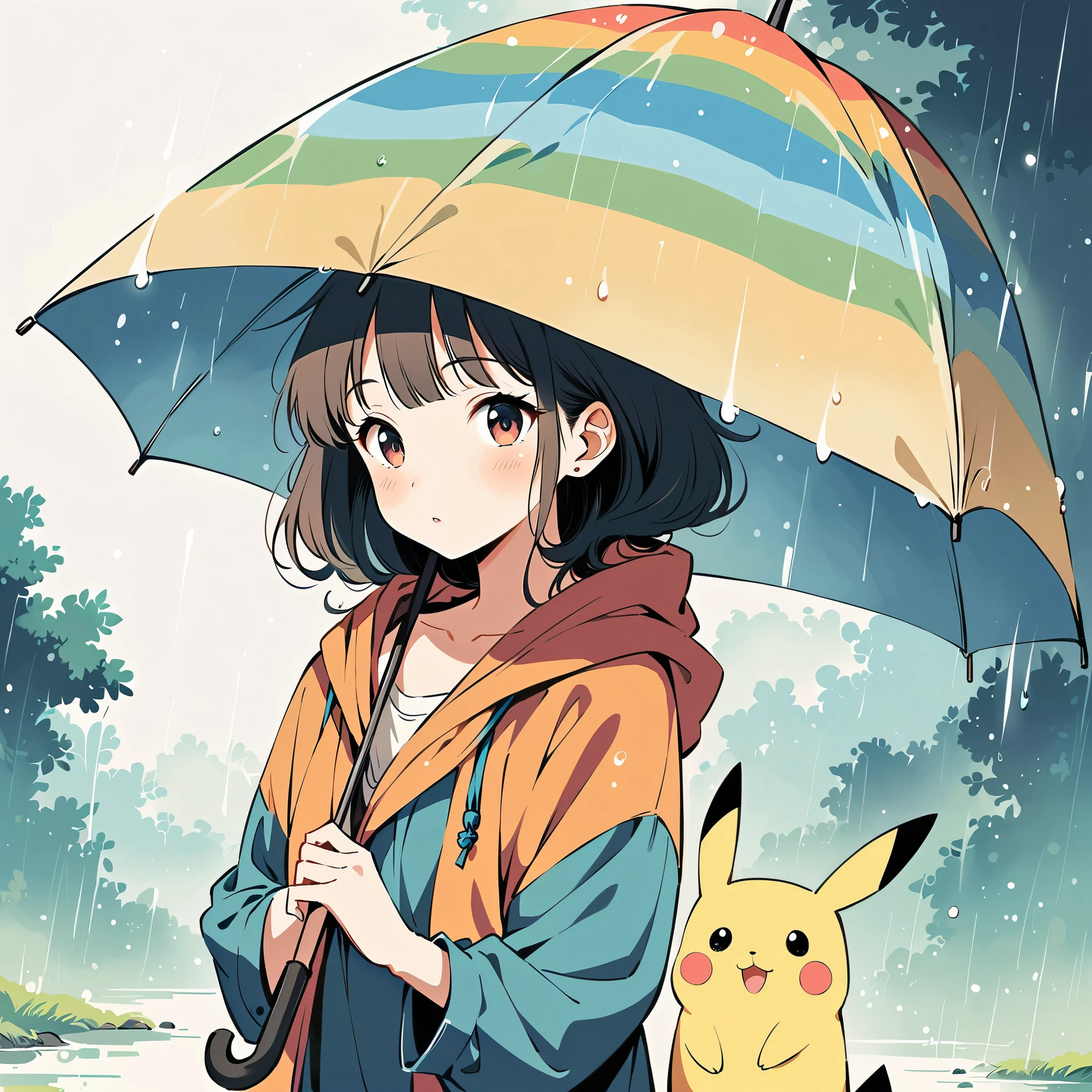 ((anime:1.4,illustration)),(masterpiece, top quality, best quality),(ultra-detailed, absolutely resolution),((16k, high res)), (((Pikachu holding an umbrella in the rain, a rainbow is out, the sky is half sunny and half rainy)) ((cozy lofi illustration:1.4)), ((anime:1.4, illustration)),(masterpiece, top quality, best quality),(ultra-detailed, absolutely resolution),((16k, high res))