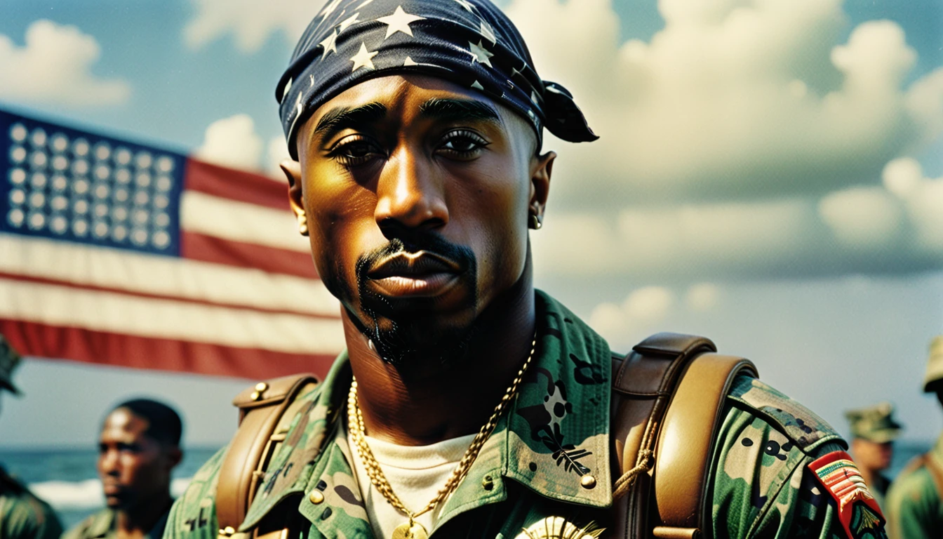 1970s photo of a photo of "2Pac" dressed like a "United States Marine", atmospheric perspective, textured skin, cinematic action, super detail,