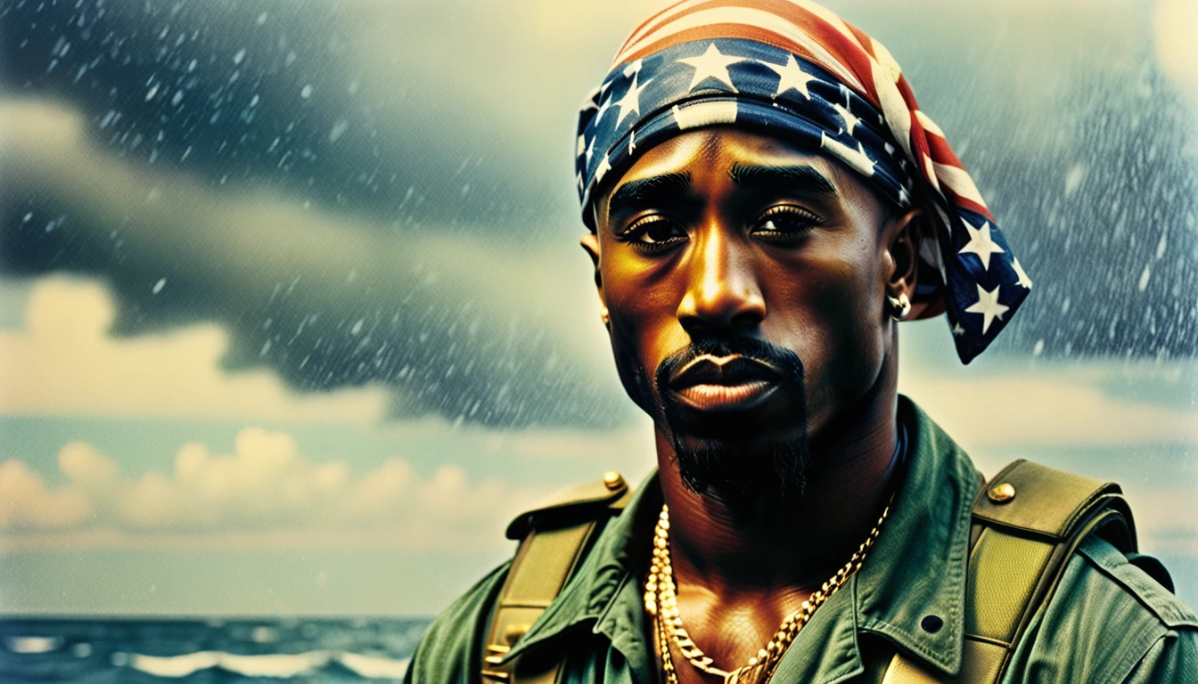 1970s photo of a photo of "2Pac" dressed like a "United States Marine", atmospheric perspective, textured skin, cinematic action, super detail,