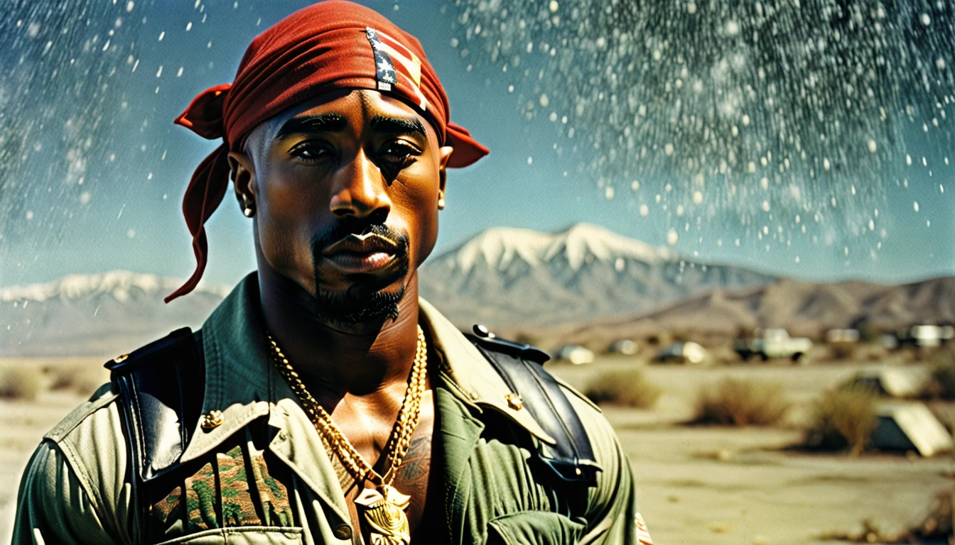 1970s photo of a photo of "2Pac" dressed like a "United States Marine", atmospheric perspective, textured skin, cinematic action, super detail,