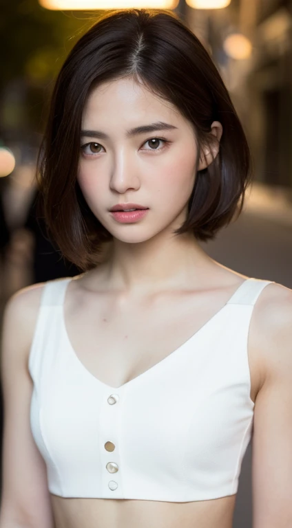 ((Realistic lighting, best quality, 8K, masterpiece: 1.3)), Be focused: 1.2, 1 Girl, Perfect body: 1.4, Slim abdominal muscles: 1.1, ((Dark brown hair)), (White cropped top: 1.4), (outdoor, night: 1.1), City Streets, Very delicate face, Beautiful eyes, Double eyelids,