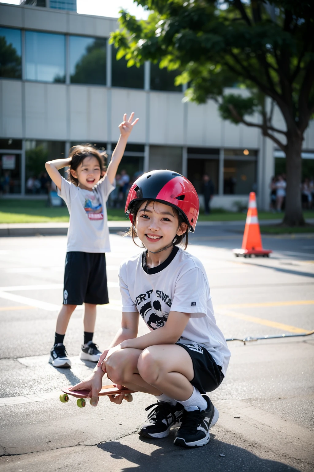 On a bright summer afternoon，An exciting skateboarding course is underway。The coach is a young and energetic man，He is wearing comfortable sportswear，Standing in the center of the skatepark。a smile on his face，Holding a demonstration skateboard in hand，Demonstrating how to stand and push。

Surrounding him are four -year pupi，Each child is wearing a bright T-shirt and sports shorts，Wearing a skateboard helmet。Their faces were filled with excitement and curiosity.，Eyes fixed on the skateboard in the coach&#39;s hand，Try to imitate his movements。

First Childirl wearing glTrying my best to imitate the coach&#39;s standing posture，Little hands tightly grasp the edge of the skateboard。A little boy next to，An innocele on her face，Trying to take his first step。

behind them，The other two children are motivating each other.。A little girl squatting on the groun outstretched，As if trying to keep balance，Another little boy was trying to push the skatebeep your eyes fixed on the front。

The whole scene was filled with laughter and the children&#39;s attempts。A spacious skatepark in the background，Surrounded by green trees and some smiling parents。The sun shines on them，Make this special learning moment more warm and memorable。