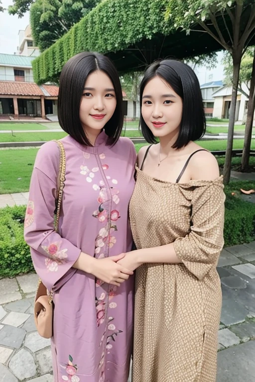 a handsome young Indonesian man with neat short hair. were standing together in a park with, a beautiful young Indonesian woman, big breast, long wavy hair. a man dressed in a shirt, jeans. a woman Wearing patung  dress.